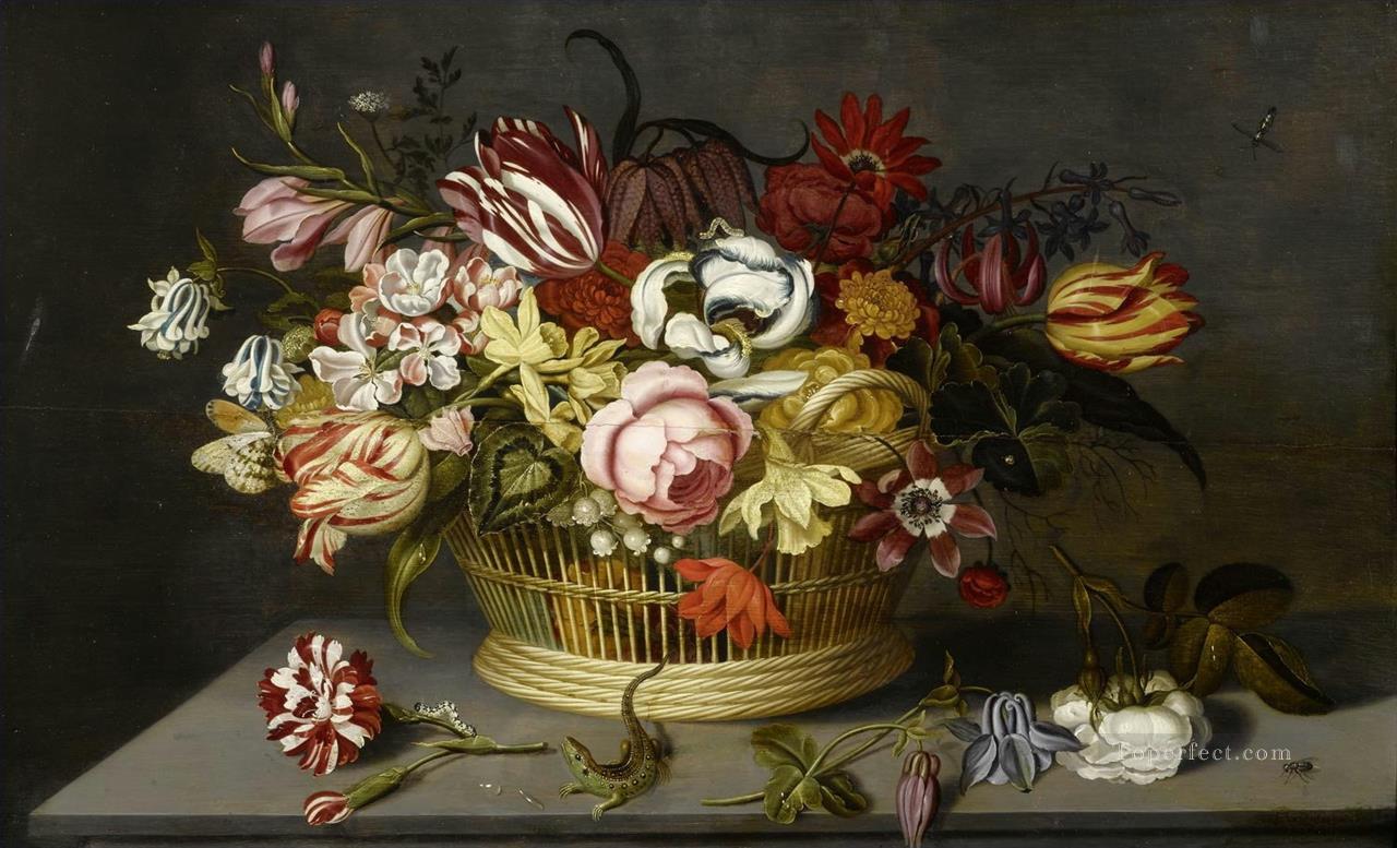 Flowers in a basket with a carnation a rose and a lizard on a table Ambrosius Bosschaert Oil Paintings